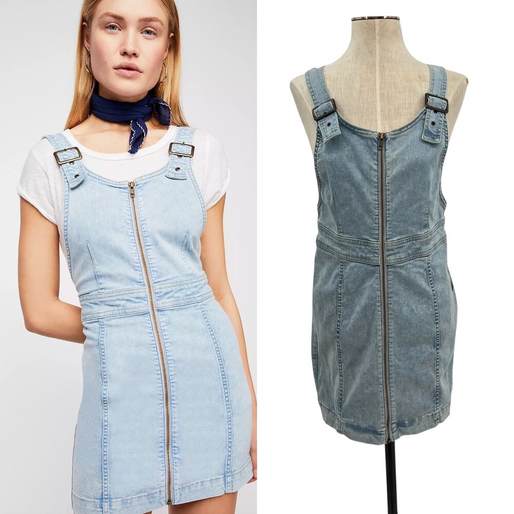 Free People Modern Femme Denim Jumper Dress Zip Front Overall Mini Size‎ 10 NWT